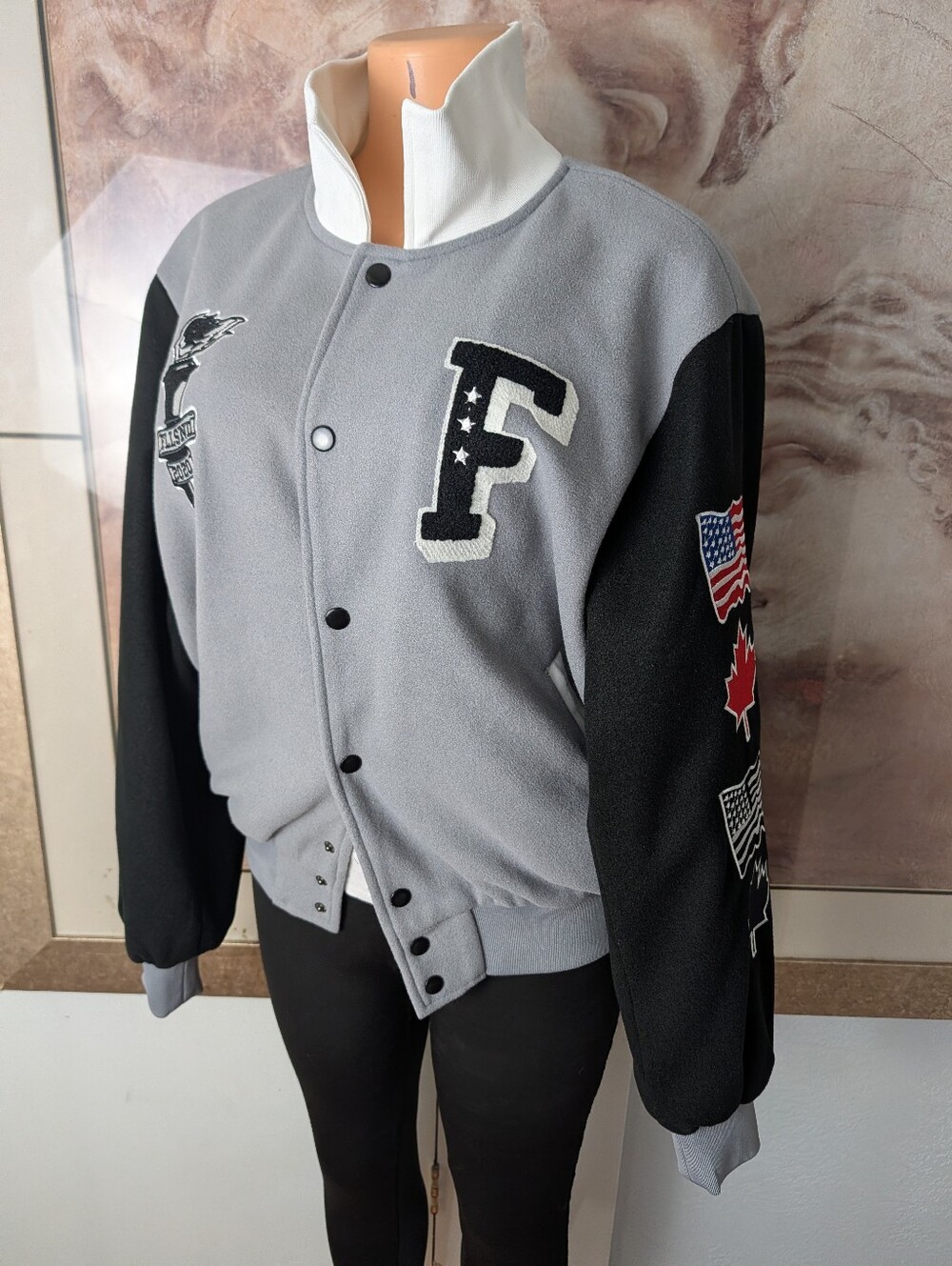 Full Send Nelk Boys Varsity Jacket Men's Grey With Black Sleeves, Size M